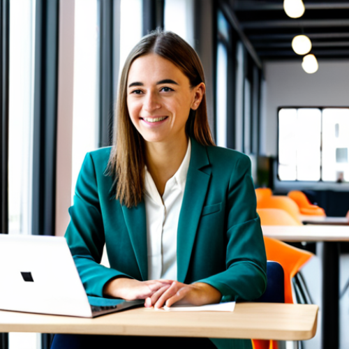 **

"A young professional woman working on a laptop in a vibrant, modern co-working space in Madrid, Spain. She is wearing a stylish but modest blazer and blouse, fully clothed and appropriate for a business setting. The background features other professionals collaborating, with bright, natural light streaming through large windows. Safe for work, perfect anatomy, natural pose, well-formed hands, proper finger count, professional environment, family-friendly."

**