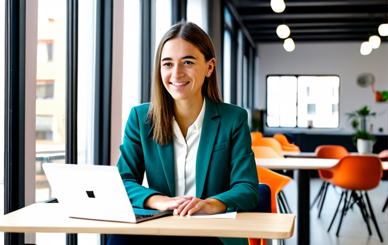 **

"A young professional woman working on a laptop in a vibrant, modern co-working space in Madrid, Spain. She is wearing a stylish but modest blazer and blouse, fully clothed and appropriate for a business setting. The background features other professionals collaborating, with bright, natural light streaming through large windows. Safe for work, perfect anatomy, natural pose, well-formed hands, proper finger count, professional environment, family-friendly."

**