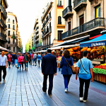 Vibrant Barcelona Street Scene**

"A bustling street in Barcelona, Spain, featuring La Rambla filled with people enjoying the day, fully clothed tourists and locals strolling, flower stalls, street performers, and colorful buildings in the background, safe for work, appropriate content, professional photography, perfect anatomy, natural proportions, family-friendly, daytime, bright sunshine, dynamic composition, professional attire, modest clothing."

**