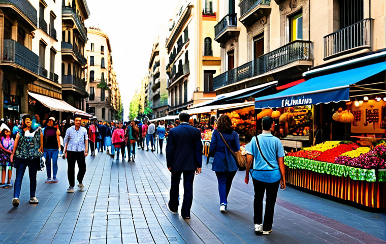 Vibrant Barcelona Street Scene**

"A bustling street in Barcelona, Spain, featuring La Rambla filled with people enjoying the day, fully clothed tourists and locals strolling, flower stalls, street performers, and colorful buildings in the background, safe for work, appropriate content, professional photography, perfect anatomy, natural proportions, family-friendly, daytime, bright sunshine, dynamic composition, professional attire, modest clothing."

**