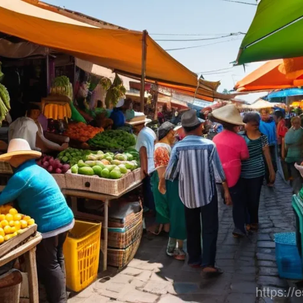 독립 여행 시 추천하는 음식 체험 - **Vibrant Mexican Market Scene:** A bustling and colorful outdoor market in Oaxaca, Mexico. Stalls a...