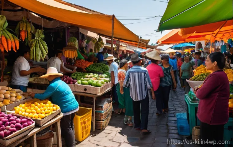 독립 여행 시 추천하는 음식 체험 - **Vibrant Mexican Market Scene:** A bustling and colorful outdoor market in Oaxaca, Mexico. Stalls a...