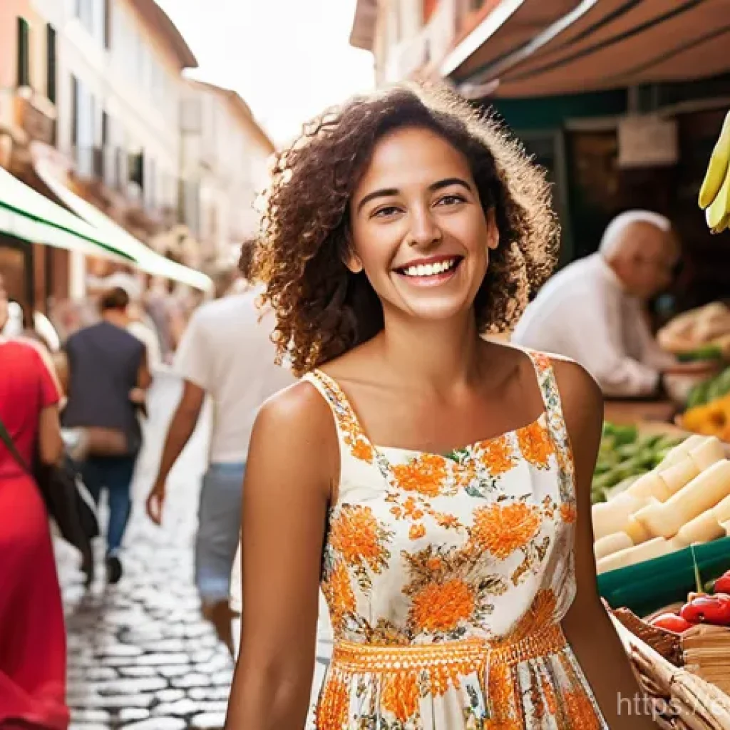 해외 여행지 선택 팁 - **Prompt: Vibrant Local Market Interaction**
    A wide-angle, slightly candid shot of a joyous youn...