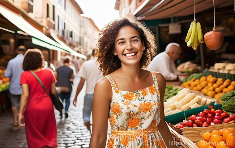 해외 여행지 선택 팁 - **Prompt: Vibrant Local Market Interaction**
    A wide-angle, slightly candid shot of a joyous youn...