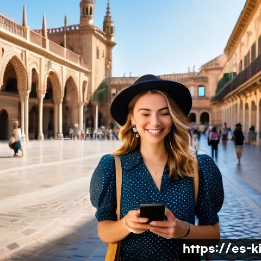 여행 경로 작성 시 참고할 지도 앱 - **Prompt:** A female traveler, mid-20s to early 30s, stands in a vibrant, sun-drenched historic plaz...