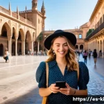 여행 경로 작성 시 참고할 지도 앱 - **Prompt:** A female traveler, mid-20s to early 30s, stands in a vibrant, sun-drenched historic plaz...