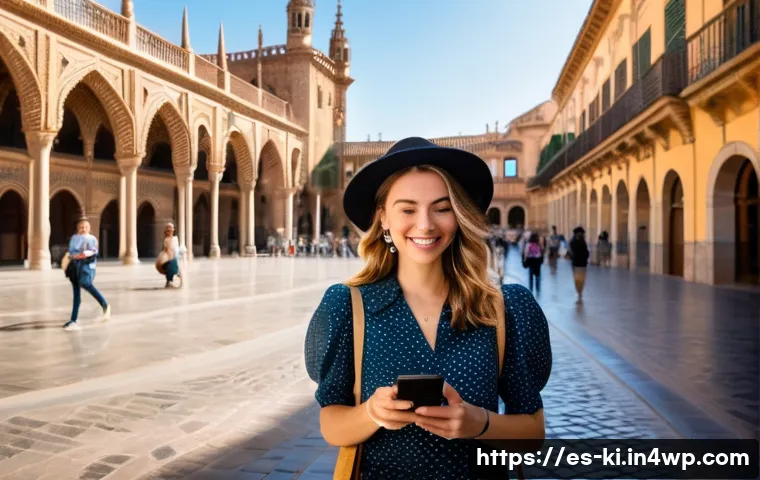 여행 경로 작성 시 참고할 지도 앱 - **Prompt:** A female traveler, mid-20s to early 30s, stands in a vibrant, sun-drenched historic plaz...