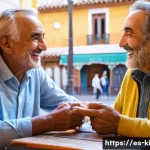 여행 중 만날 수 있는 다양한 사람들 - A warm and lively scene inside a traditional Spanish café in Seville, featuring a middle-aged travel...