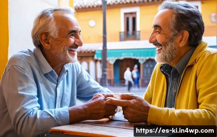 여행 중 만날 수 있는 다양한 사람들 - A warm and lively scene inside a traditional Spanish café in Seville, featuring a middle-aged travel...
