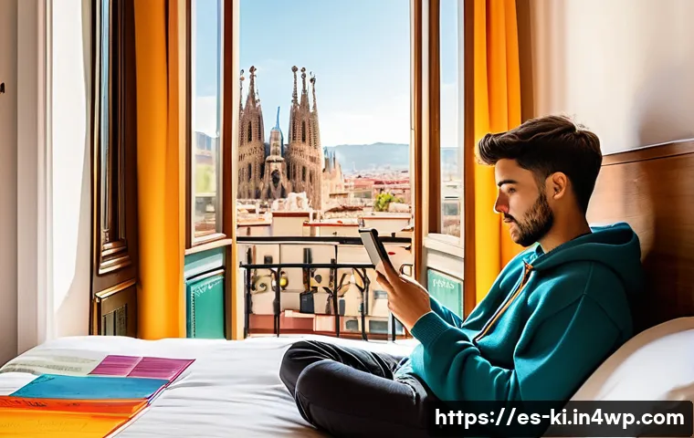 여행 중 할 일 목록 작성법 - A cozy, sunlit boutique hotel room in a vibrant Spanish city like Barcelona, featuring a neatly made...