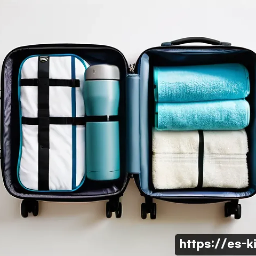 여행 중 필요한 준비물 리스트 - A modern travel scene featuring a neatly packed medium-sized hard-shell suitcase with wheels, opened...
