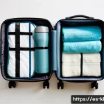 여행 중 필요한 준비물 리스트 - A modern travel scene featuring a neatly packed medium-sized hard-shell suitcase with wheels, opened...