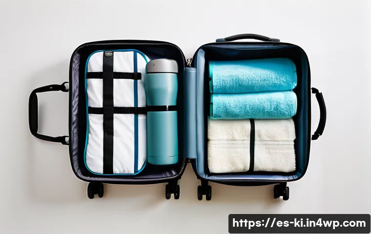 여행 중 필요한 준비물 리스트 - A modern travel scene featuring a neatly packed medium-sized hard-shell suitcase with wheels, opened...