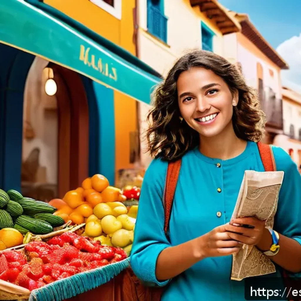 독립 여행과 패키지 여행의 차이점 - A vibrant street scene in a colorful Spanish town featuring an independent traveler exploring freely...