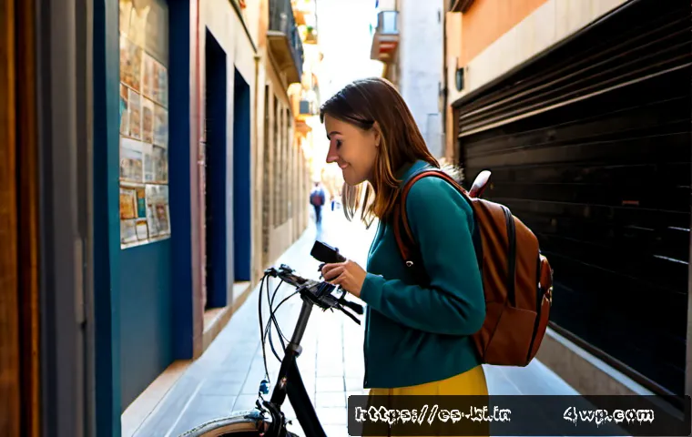 독립 여행의 장단점 분석 - Photorealistic solo traveler exploring a sunlit Barcelona side street, a confident young adult woman...