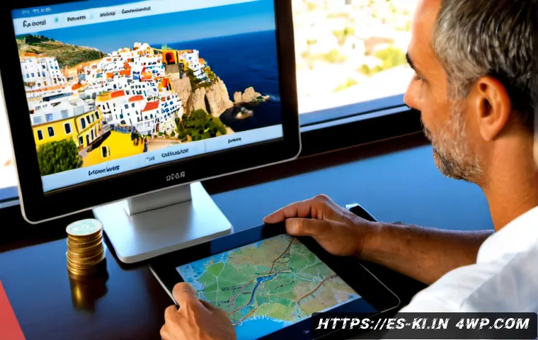 여행 목적지에 대한 리서치 방법 - Photorealistic travel destination research scene for Spanish-speaking travelers, middle-aged couple ...