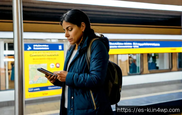 여행 중의 변화에 대처하는 법 - Photorealistic travel disruption scene in a Spanish coastal train station, calm Latina traveler in h...