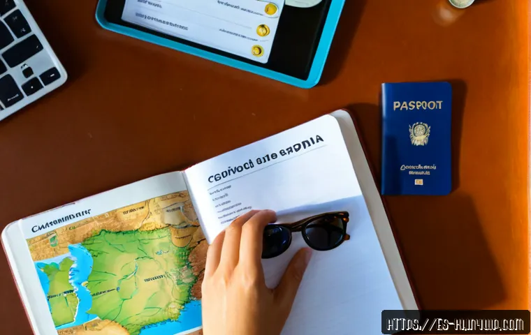 여행 계획 세우기 위한 단계별 가이드 - Photorealistic overhead view of a Spanish-speaking traveler planning a trip at a bright home desk, h...